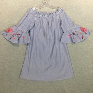 Speed Control M Off Shoulder Shift Dress 3/4 Bell Sleeve Blue Striped Pink Roses